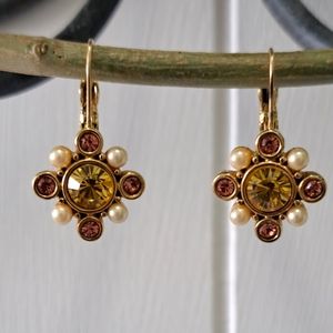 Vintage Swarovski Citrine and Pearl Leverback Signed Swan Goldtone Earrings